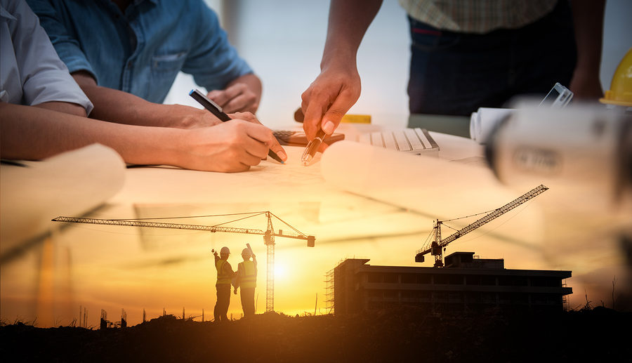 Civil Engineer Jobs, Double exposure of Project Management Team and Construction Site with tower crane background, Day and Night shift on employees job concept.